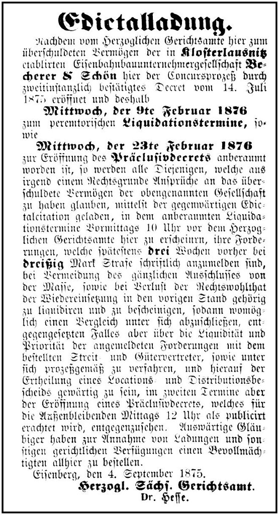 1875-09-04 Hdf Bahn Konkurs Bescherer - Schoen